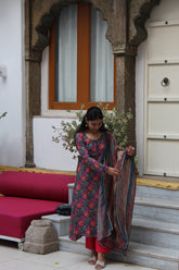 Teal Blue & Pink Floral Printed Viscose Anarkali Kurta Set with Contrast Trousers & Kota Doria Dupatta