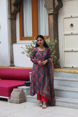 Teal Blue & Pink Floral Printed Viscose Anarkali Kurta Set with Contrast Trousers & Kota Doria Dupatta