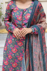 Teal Blue & Pink Floral Printed Viscose Anarkali Kurta Set with Contrast Trousers & Kota Doria Dupatta
