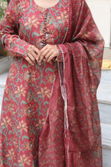 Maroon Floral Printed Cotton Viscose Anarkali Kurta Set with Trousers & Gota Patti Border Dupatta