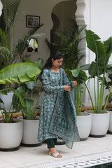 Emerald Green Floral Printed Viscose Anarkali Kurta Set with Pants & Matching Dupatta