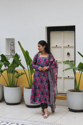 Teal Blue Square-Neck Viscose Anarkali Kurta Set with Trousers & Floral Print Border Detail