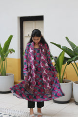 Teal Blue Square-Neck Viscose Anarkali Kurta Set with Trousers & Floral Print Border Detail