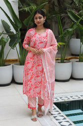 Coral Floral Printed Viscose Straight Kurta Set with Matching Pants & Kota Doria Dupatta