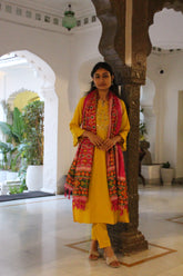 Women Cotton Yoke Design Embroidered Straight Round Collar, Three-Quarter Sleeves, Side Slit Kurta Set with Elasticated Trousers and Printed Bandej Dupatta Set