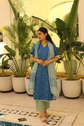 Teal Blue Embroidered Viscose Straight Kurta Set with Pants & Woven Kota Doria Dupatta