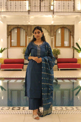 Teal Blue Embroidered Cotton Blend Straight Kurta Set with Pants & Banarasi Dupatta