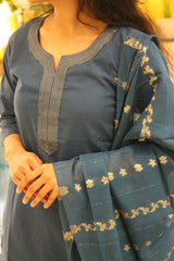 Teal Blue Embroidered Cotton Blend Straight Kurta Set with Pants & Banarasi Dupatta