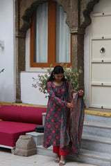 Teal Blue & Pink Floral Printed Viscose Anarkali Kurta Set with Contrast Trousers & Kota Doria Dupatta