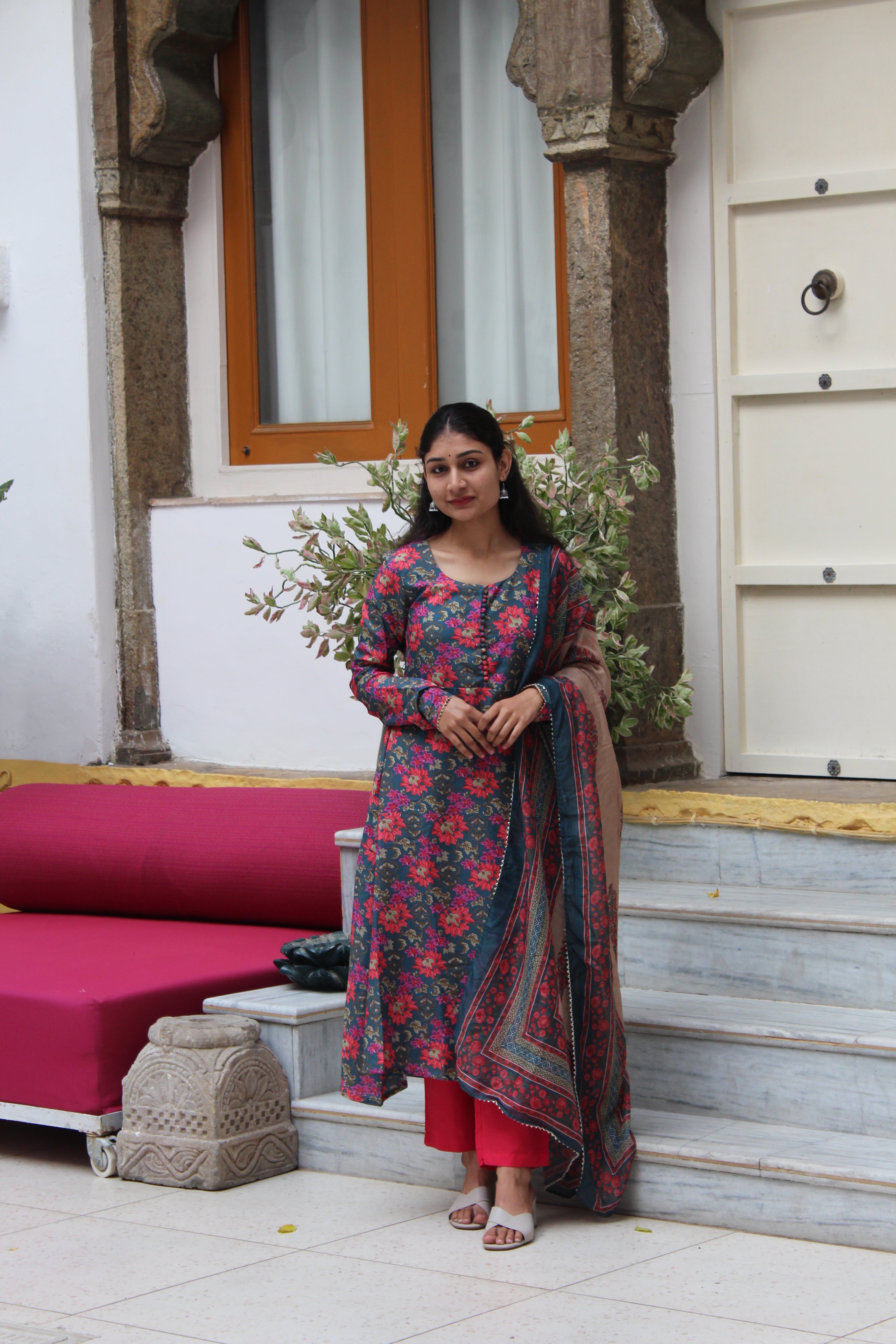 Teal Blue & Pink Floral Printed Viscose Anarkali Kurta Set with Contrast Trousers & Kota Doria Dupatta