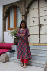 Teal Blue & Pink Floral Printed Viscose Anarkali Kurta Set with Contrast Trousers & Kota Doria Dupatta