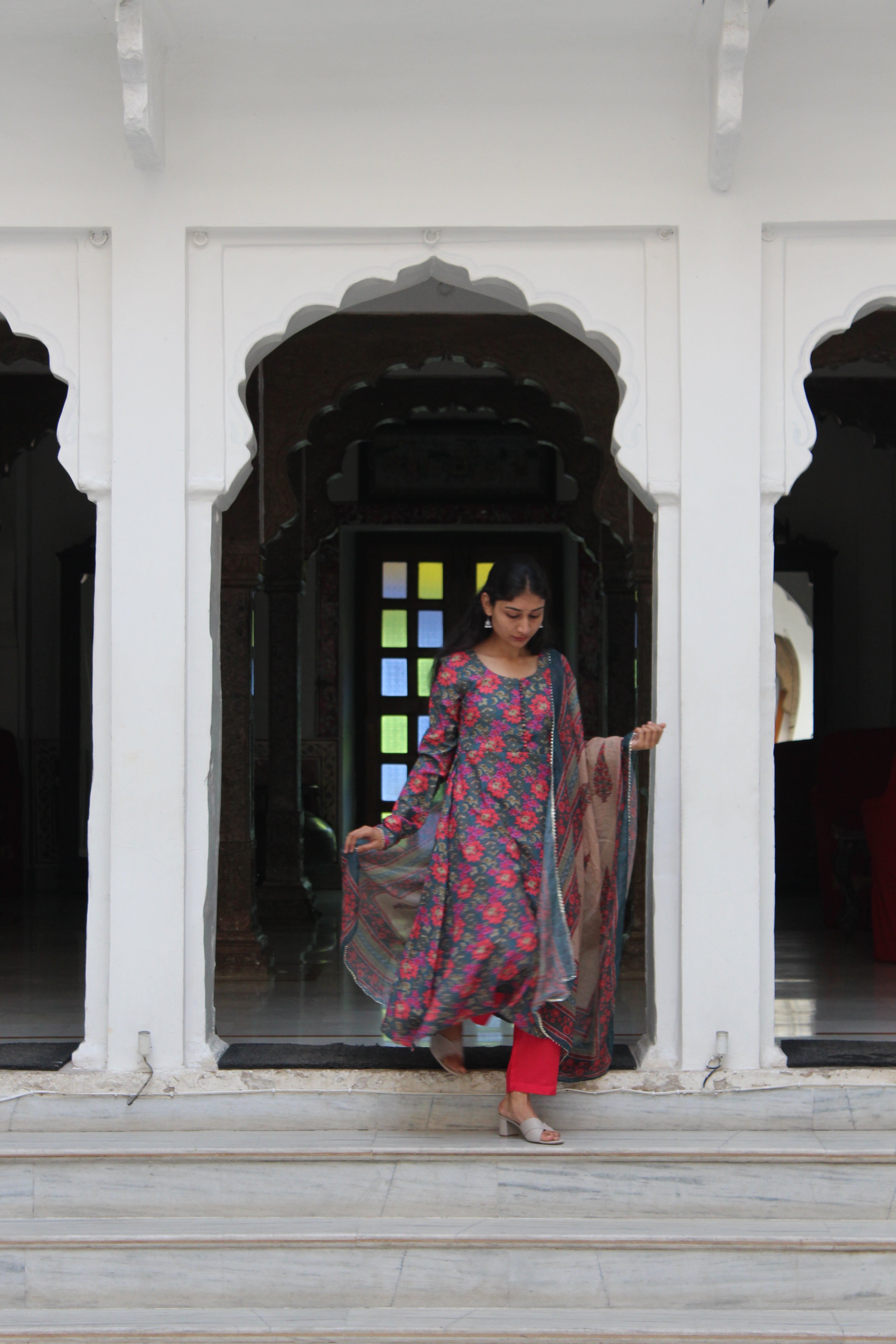 Teal Blue & Pink Floral Printed Viscose Anarkali Kurta Set with Contrast Trousers & Kota Doria Dupatta