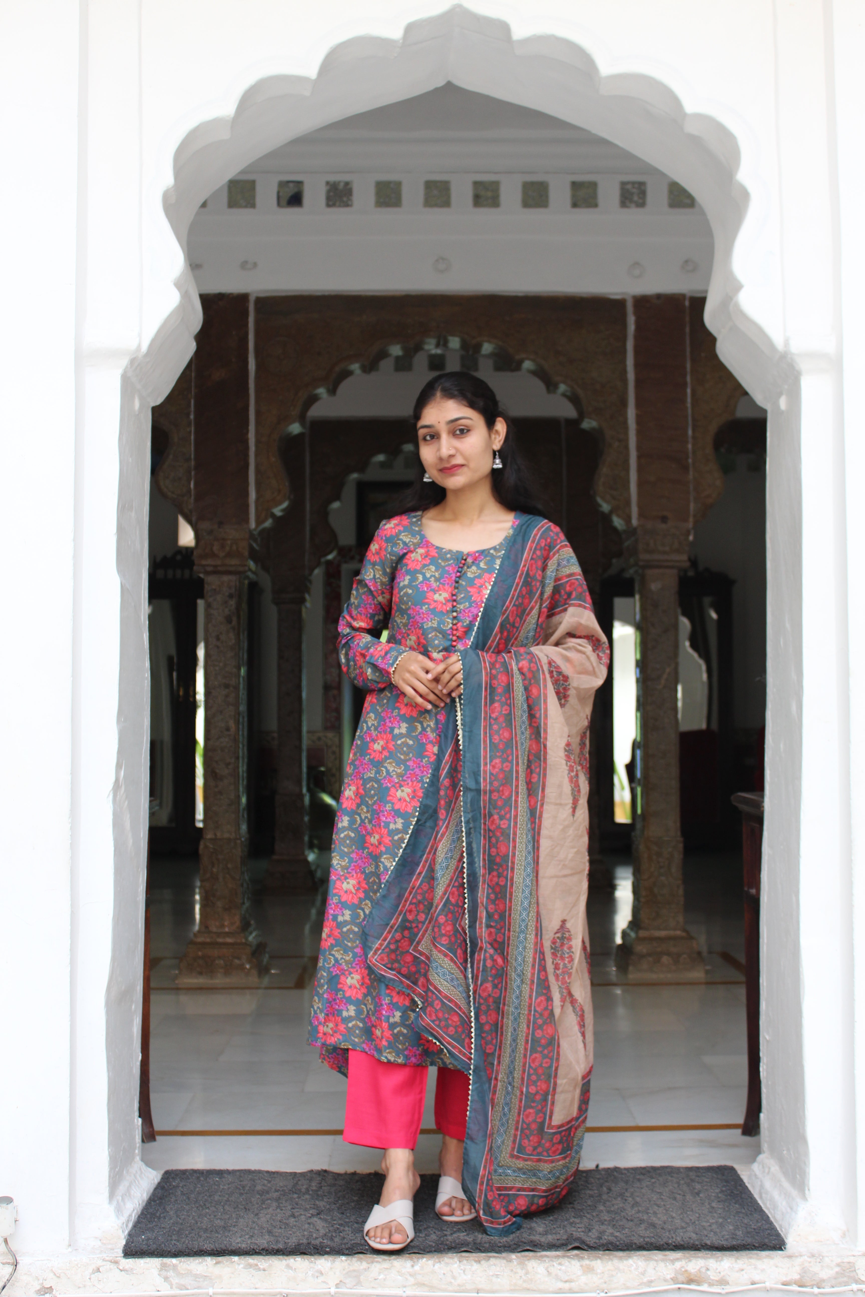 Teal Blue & Pink Floral Printed Viscose Anarkali Kurta Set with Contrast Trousers & Kota Doria Dupatta