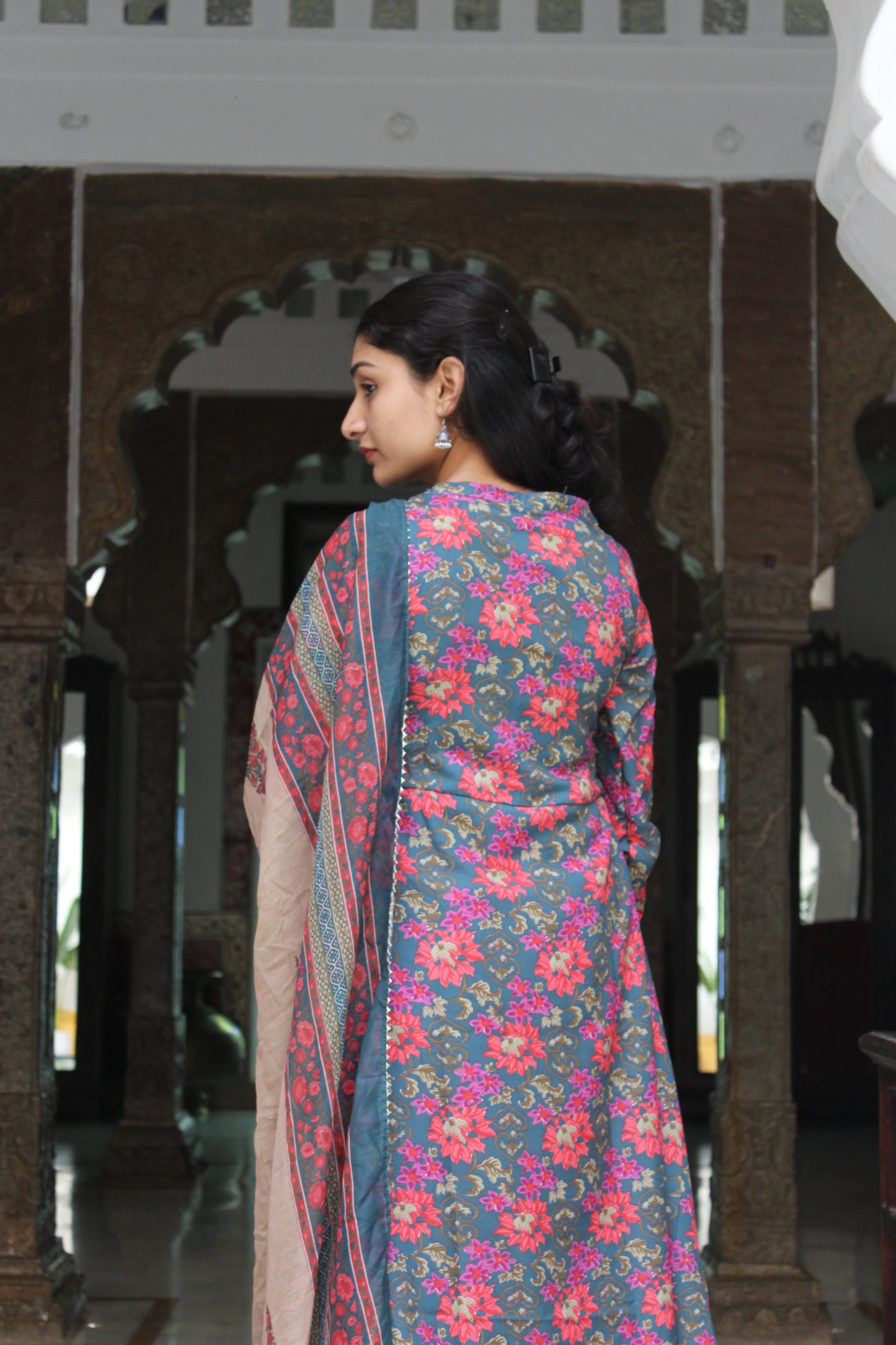 Teal Blue & Pink Floral Printed Viscose Anarkali Kurta Set with Contrast Trousers & Kota Doria Dupatta