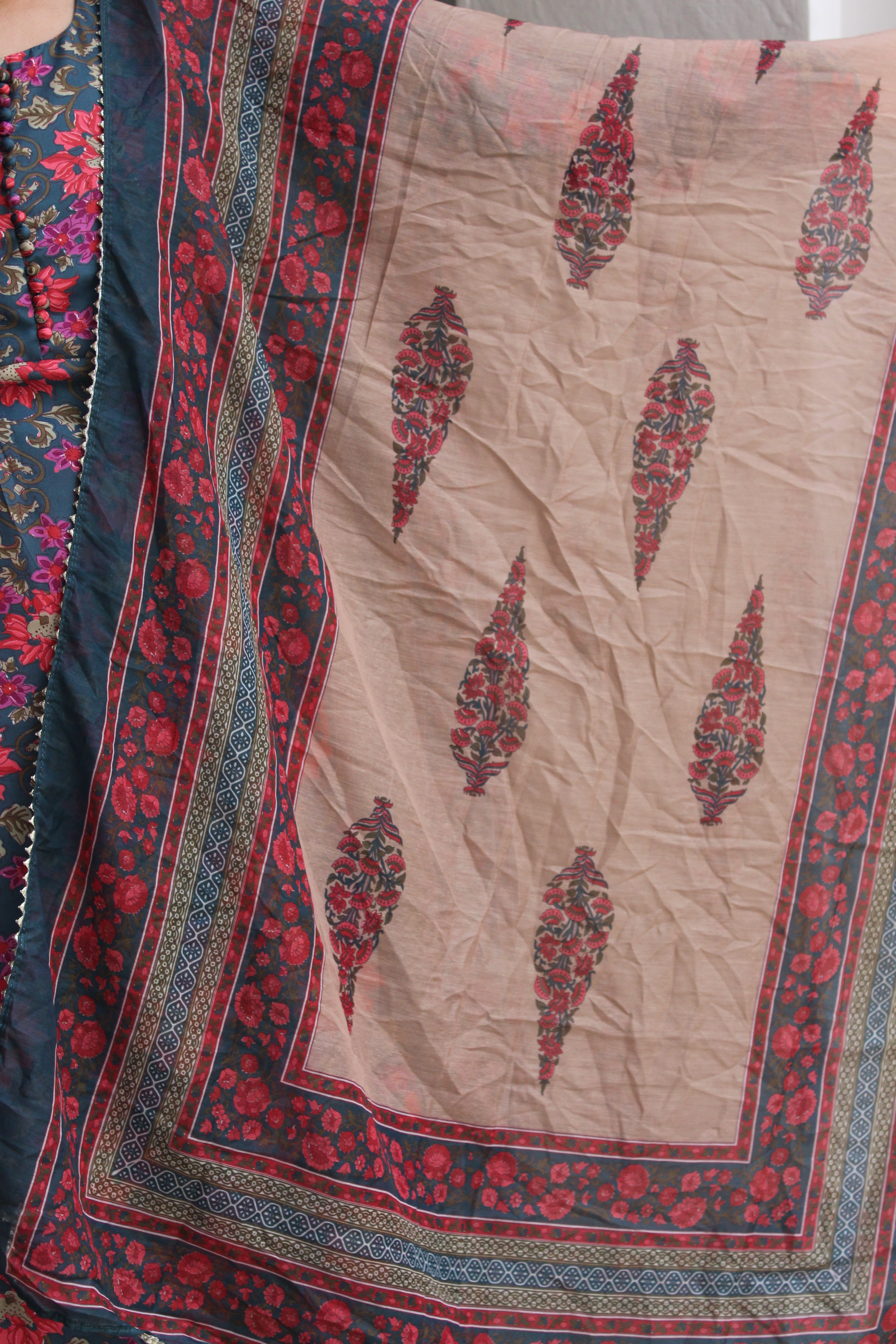 Teal Blue & Pink Floral Printed Viscose Anarkali Kurta Set with Contrast Trousers & Kota Doria Dupatta
