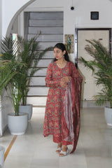 Maroon Floral Printed Cotton Viscose Anarkali Kurta Set with Trousers & Gota Patti Border Dupatta
