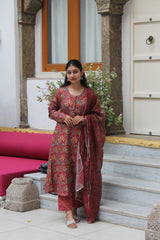 Maroon Floral Printed Cotton Viscose Anarkali Kurta Set with Trousers & Gota Patti Border Dupatta