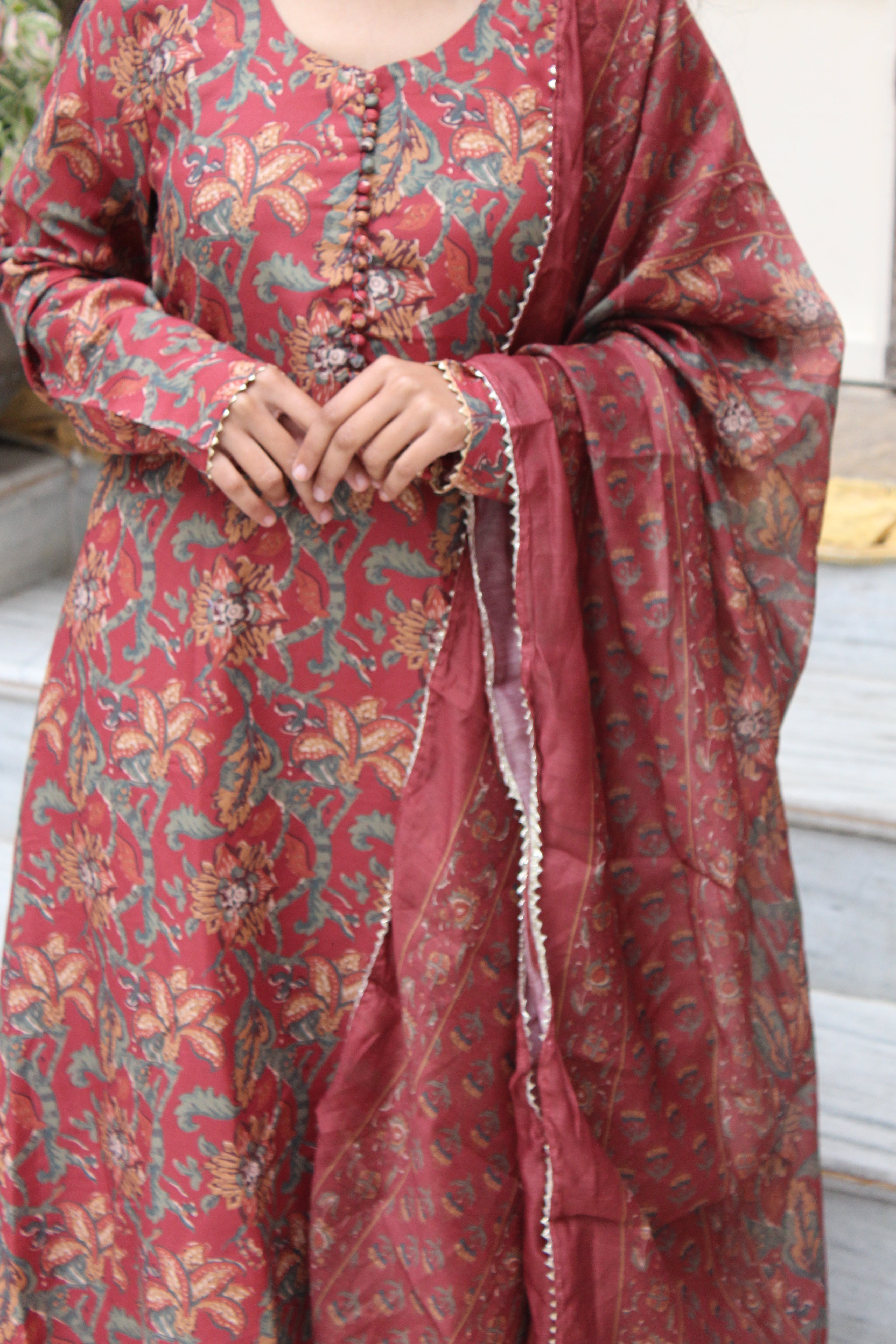 Maroon Floral Printed Cotton Viscose Anarkali Kurta Set with Trousers & Gota Patti Border Dupatta