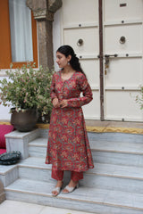 Maroon Floral Printed Cotton Viscose Anarkali Kurta Set with Trousers & Gota Patti Border Dupatta
