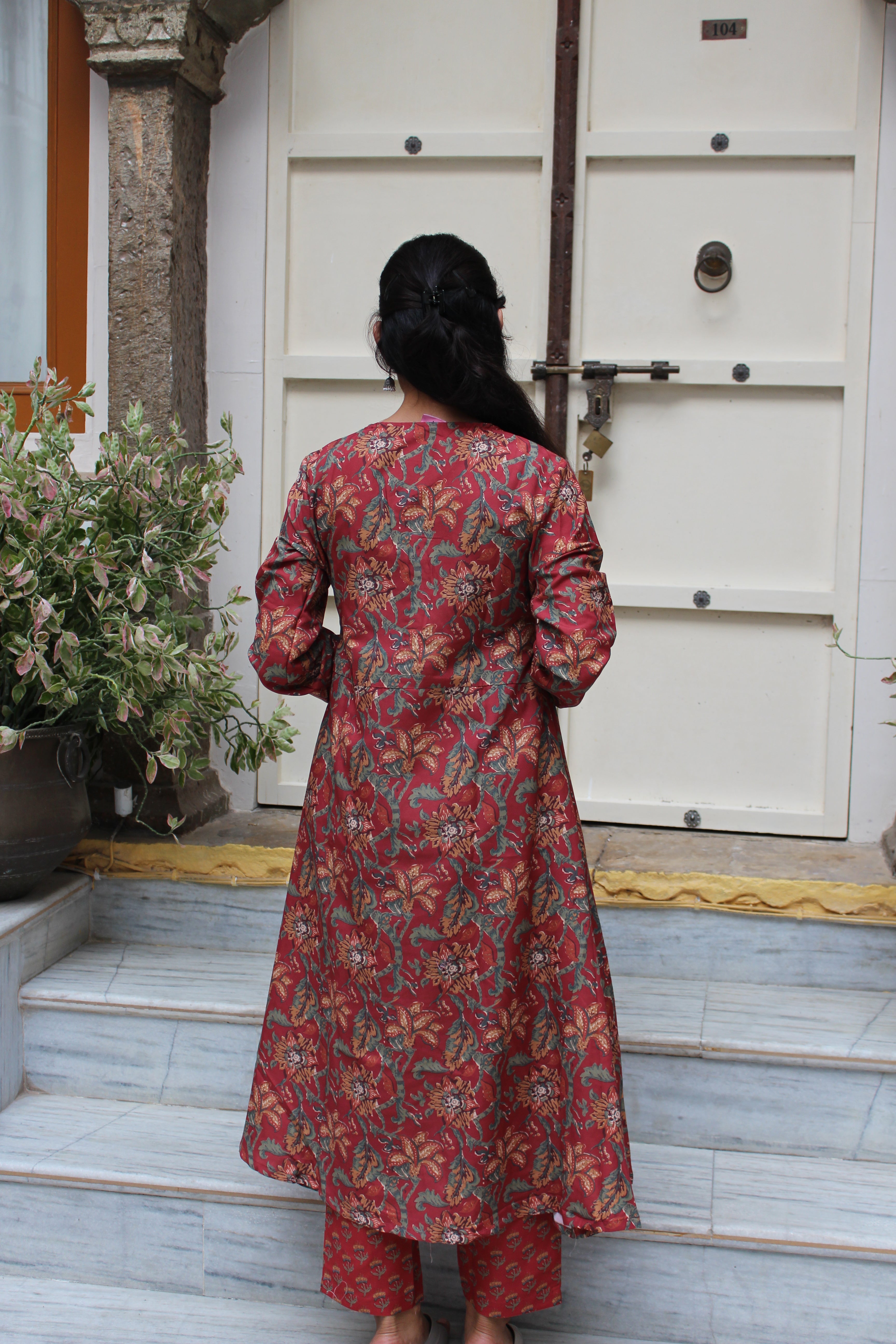 Maroon Floral Printed Cotton Viscose Anarkali Kurta Set with Trousers & Gota Patti Border Dupatta