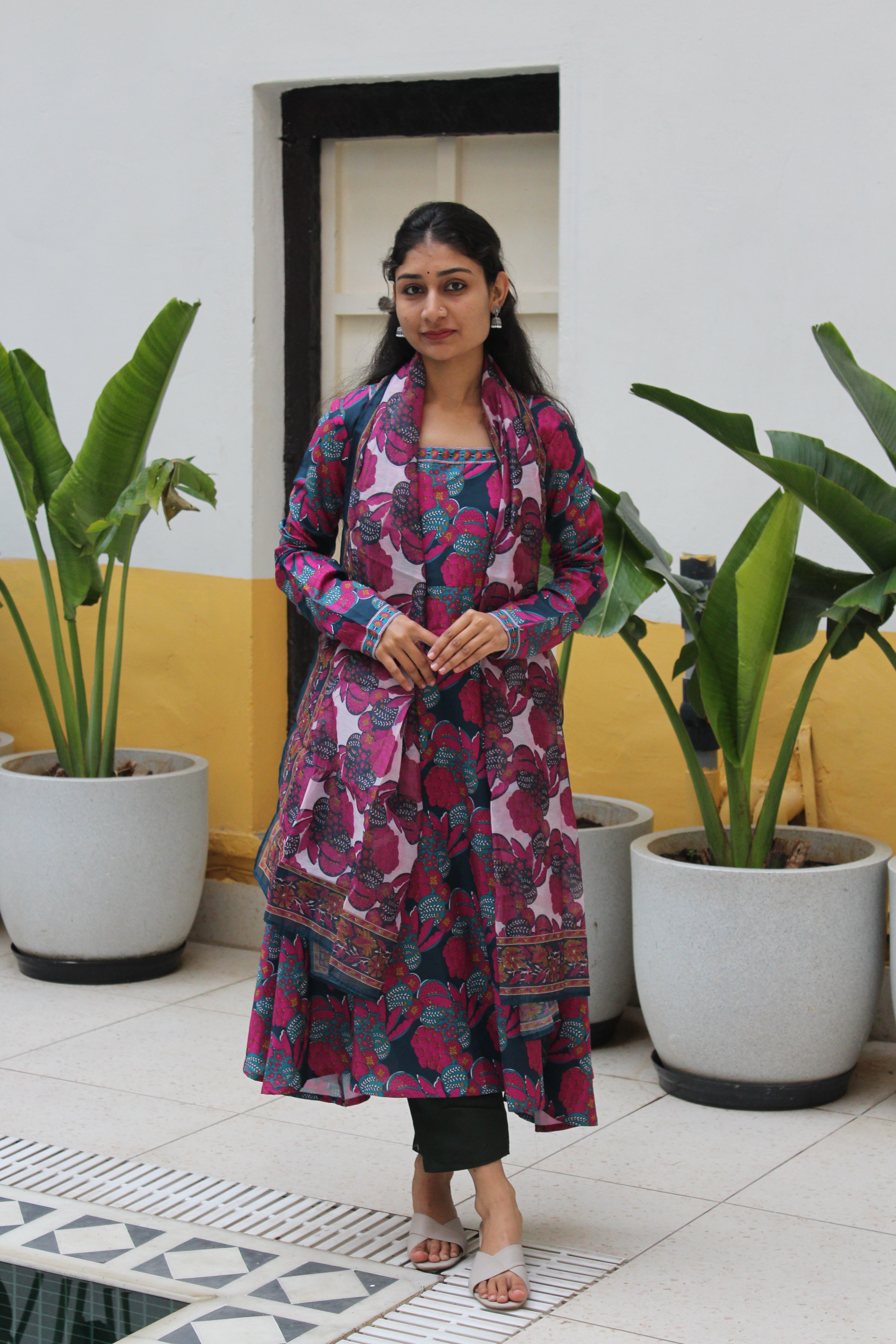 Teal Blue Square-Neck Viscose Anarkali Kurta Set with Trousers & Floral Print Border Detail