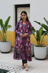 Teal Blue Square-Neck Viscose Anarkali Kurta Set with Trousers & Floral Print Border Detail