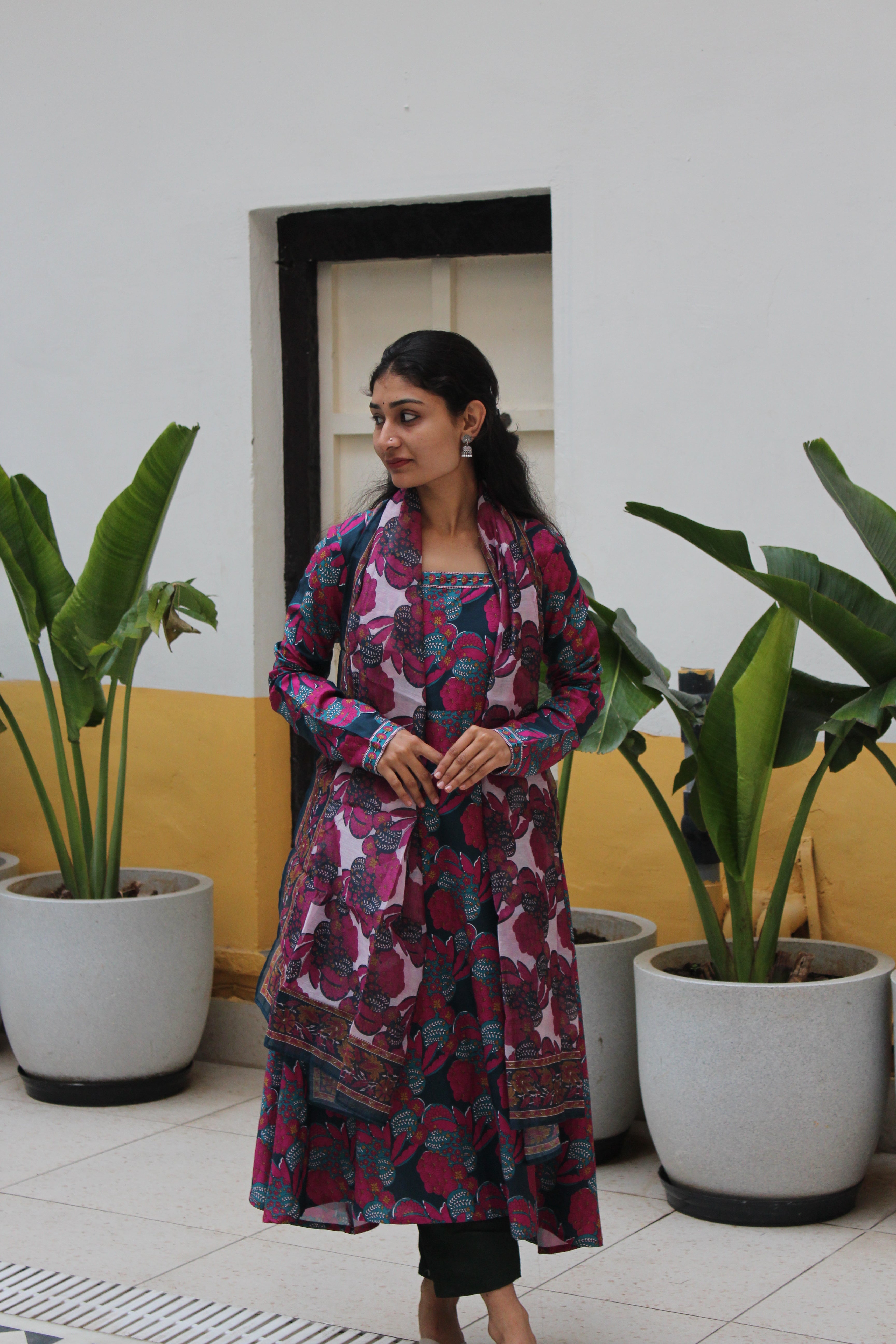 Teal Blue Square-Neck Viscose Anarkali Kurta Set with Trousers & Floral Print Border Detail