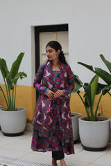 Teal Blue Square-Neck Viscose Anarkali Kurta Set with Trousers & Floral Print Border Detail