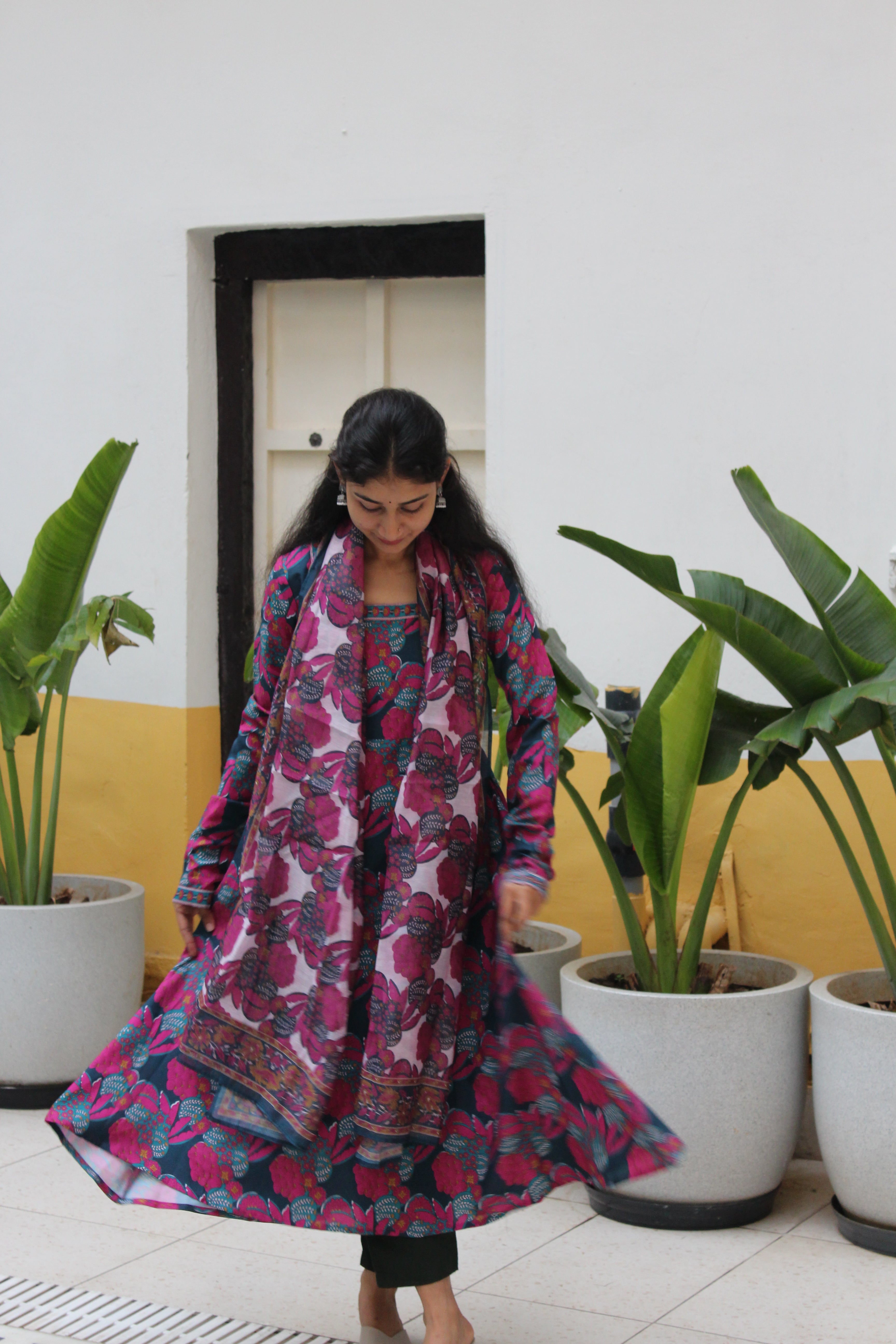 Teal Blue Square-Neck Viscose Anarkali Kurta Set with Trousers & Floral Print Border Detail
