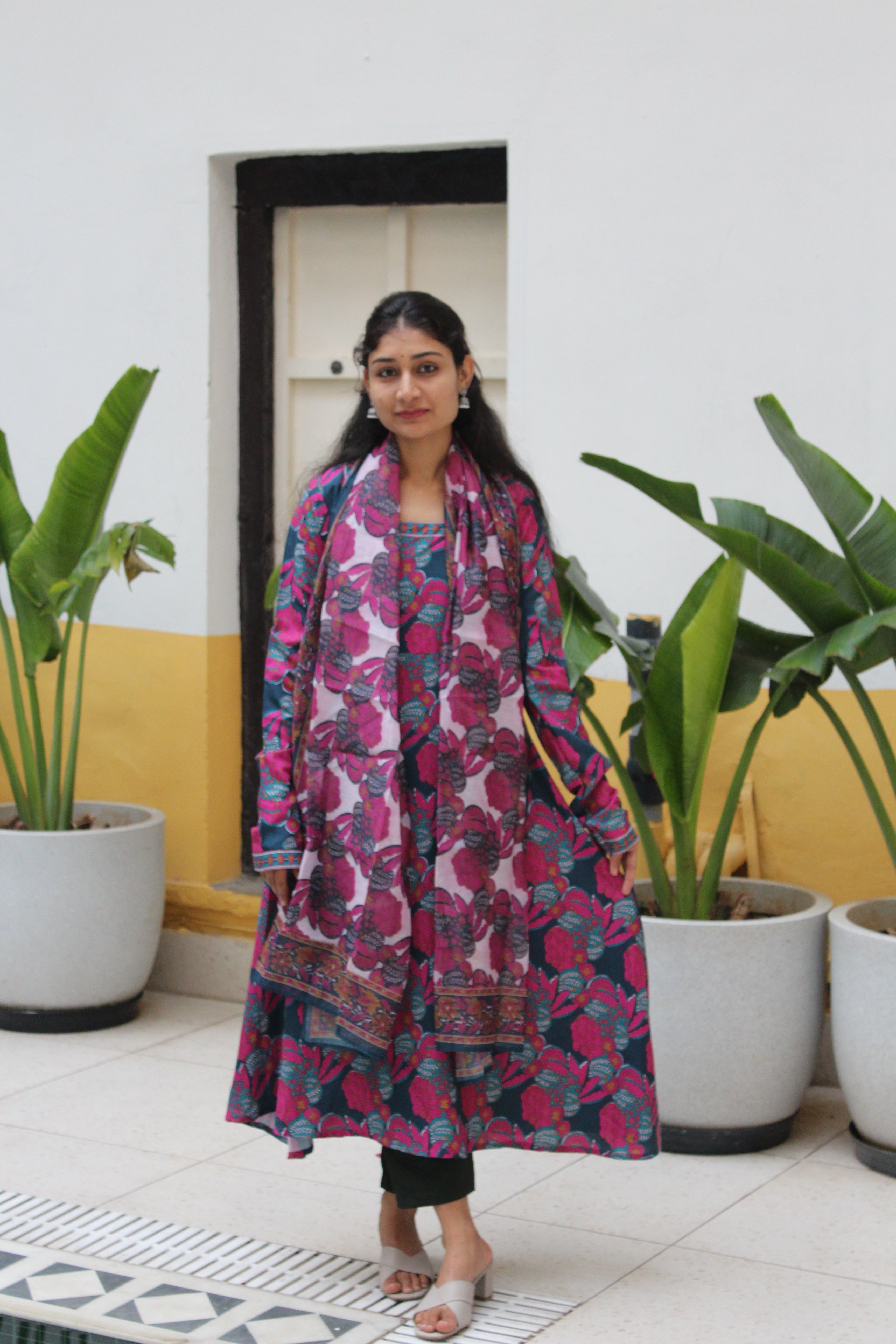 Teal Blue Square-Neck Viscose Anarkali Kurta Set with Trousers & Floral Print Border Detail