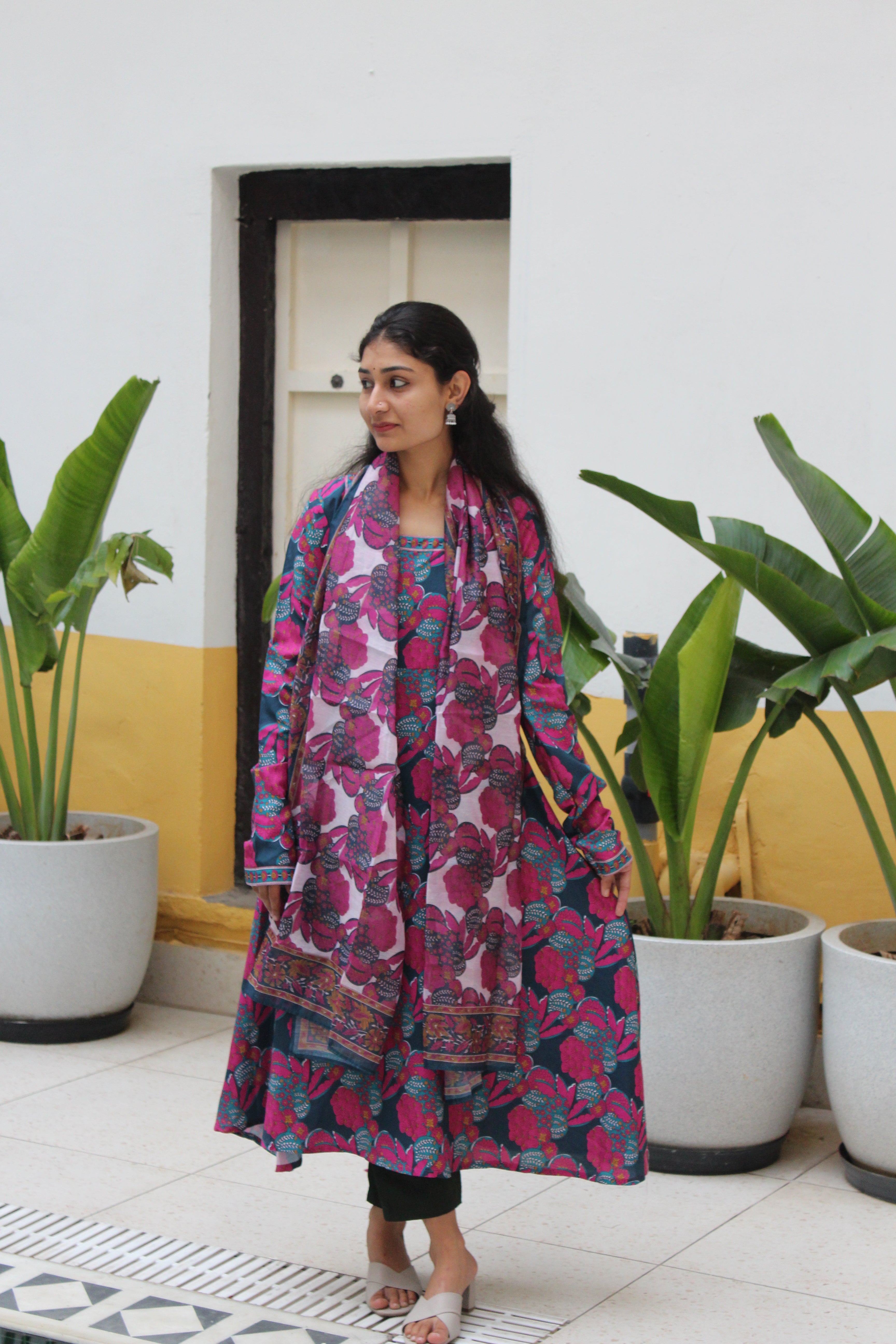 Teal Blue Square-Neck Viscose Anarkali Kurta Set with Trousers & Floral Print Border Detail