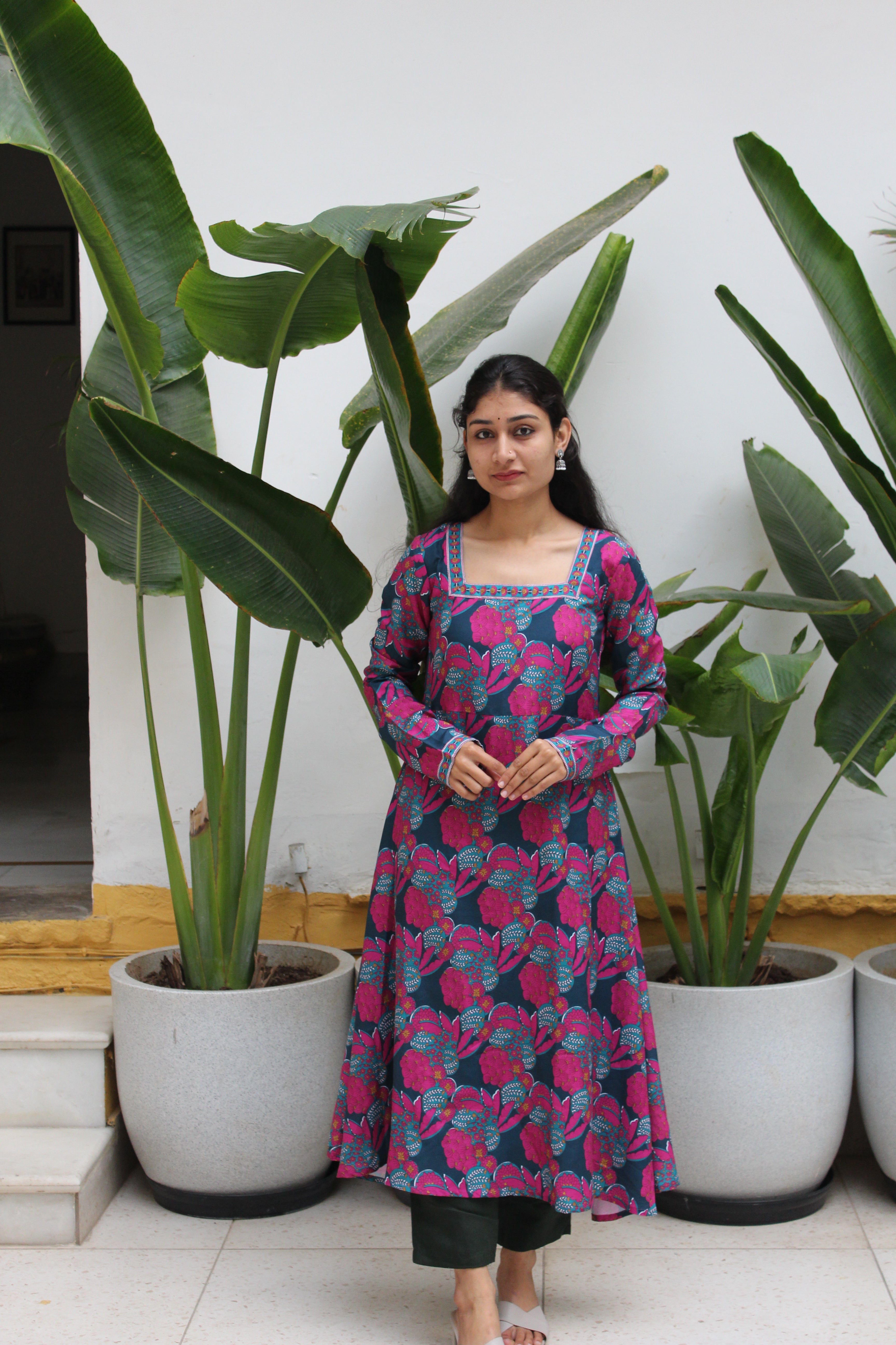 Teal Blue Square-Neck Viscose Anarkali Kurta Set with Trousers & Floral Print Border Detail