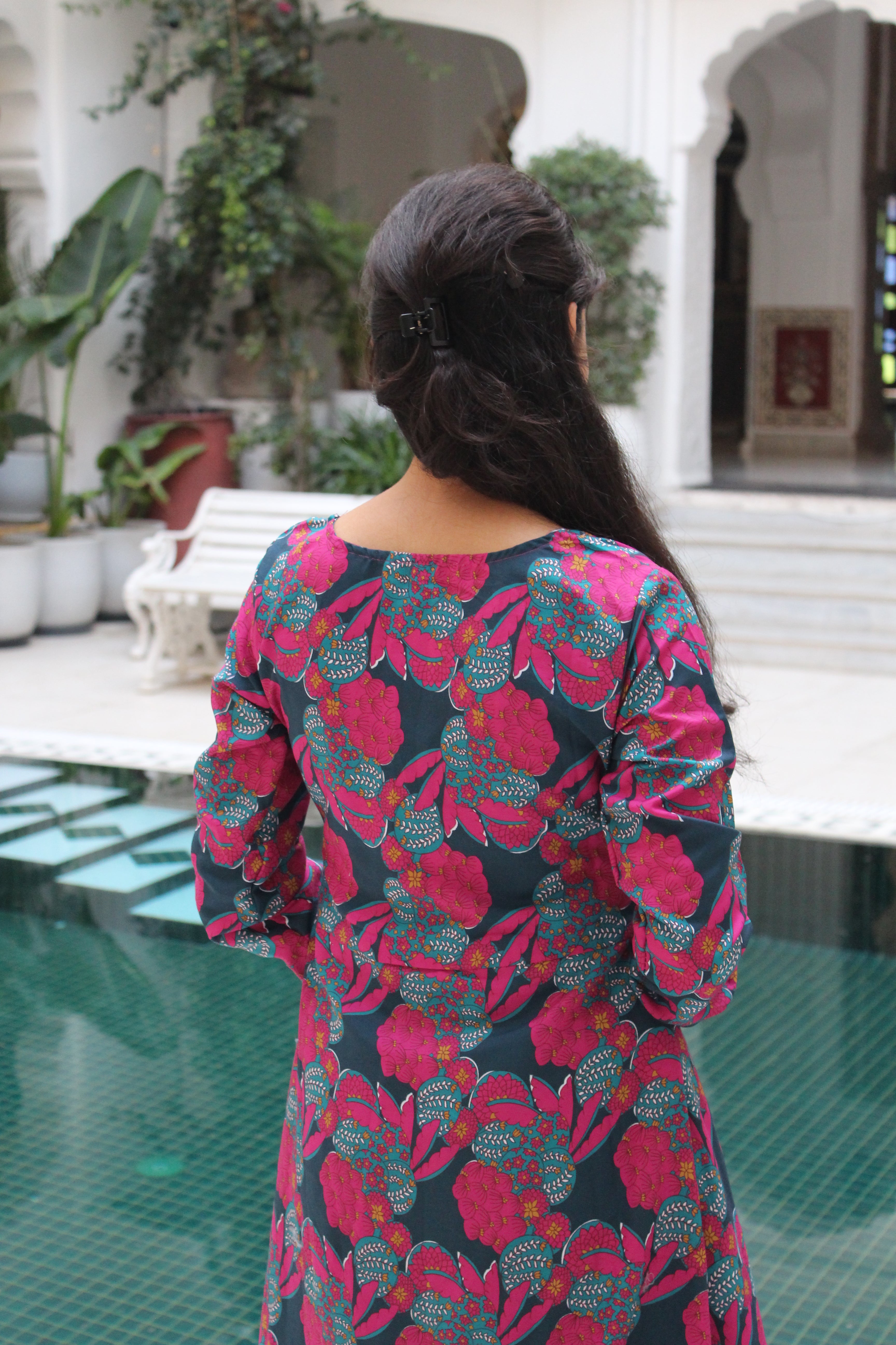 Teal Blue Square-Neck Viscose Anarkali Kurta Set with Trousers & Floral Print Border Detail
