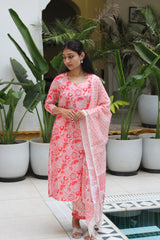 Coral Floral Printed Viscose Straight Kurta Set with Matching Pants & Kota Doria Dupatta