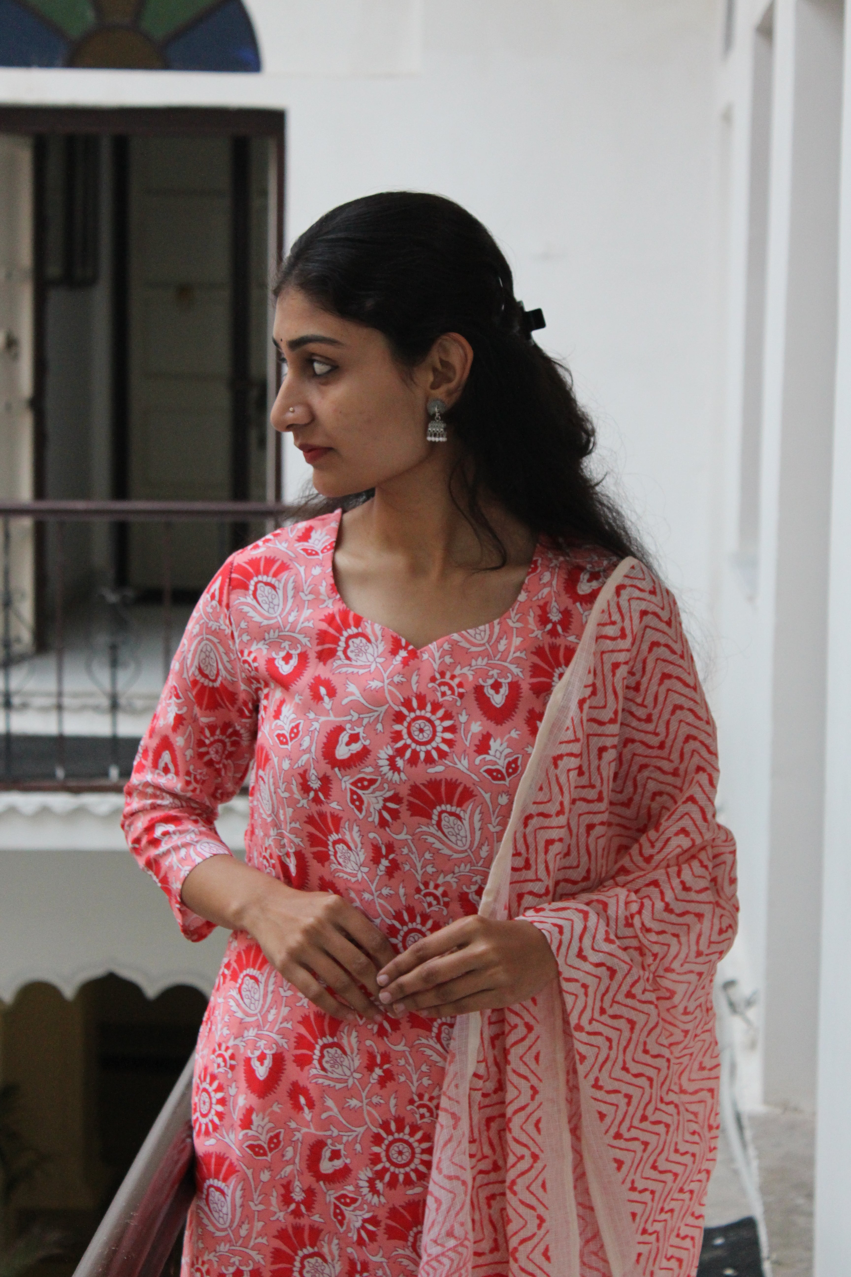 Coral Floral Printed Viscose Straight Kurta Set with Matching Pants & Kota Doria Dupatta