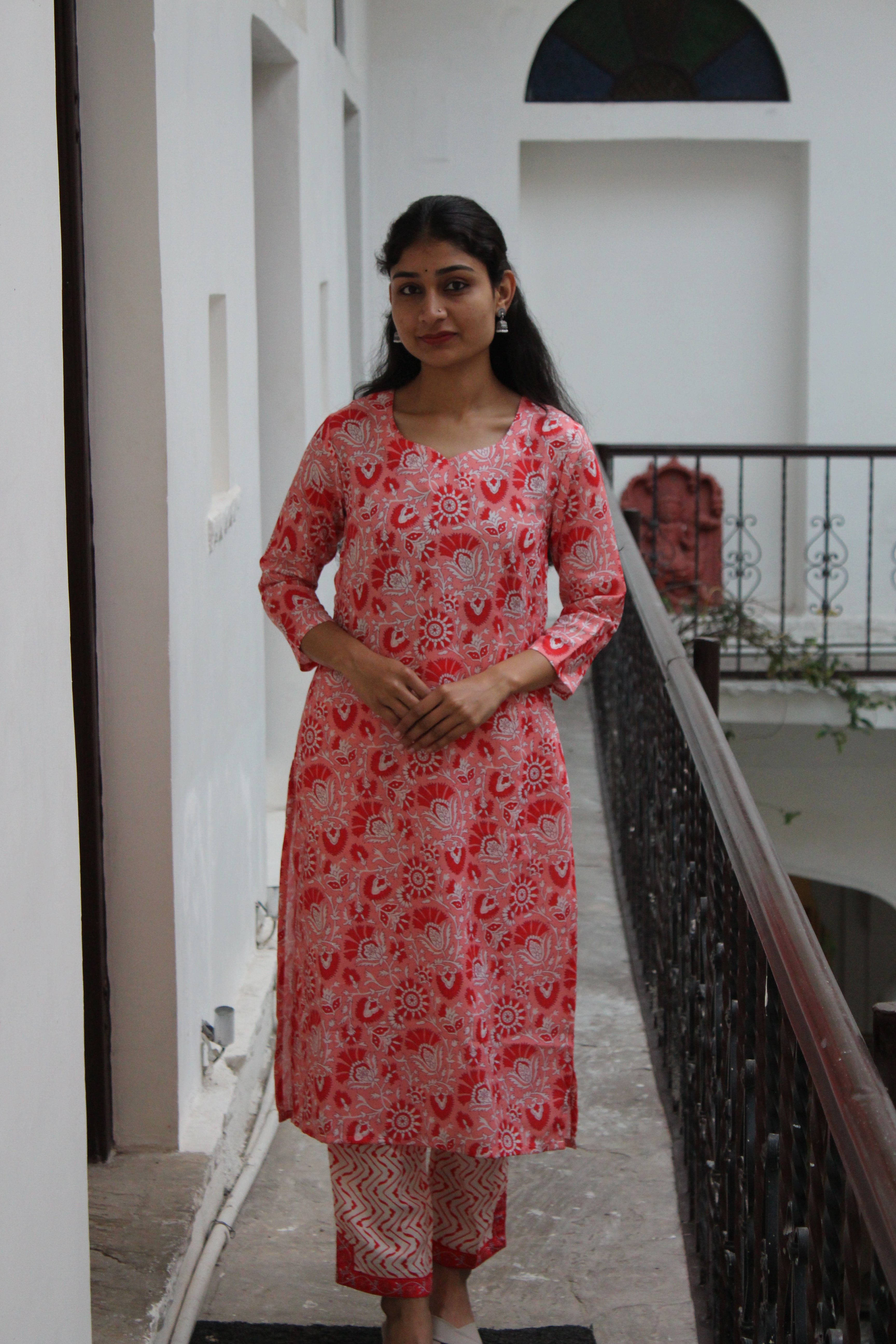 Coral Floral Printed Viscose Straight Kurta Set with Matching Pants & Kota Doria Dupatta