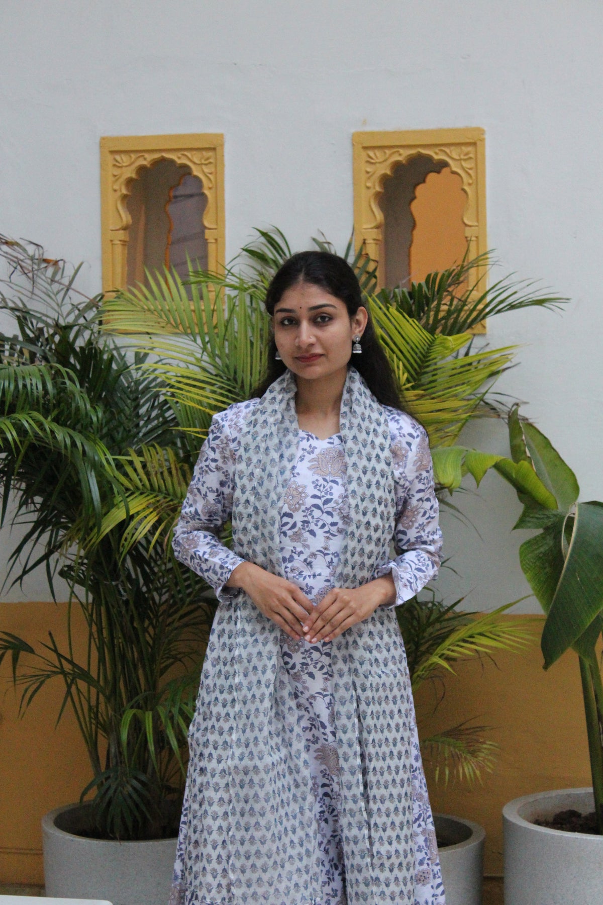 White & Blue Floral Printed Cotton Viscose Anarkali Kurta with Trousers & Coordinated Dupatta