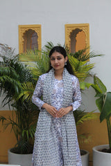 White & Blue Floral Printed Cotton Viscose Anarkali Kurta with Trousers & Coordinated Dupatta