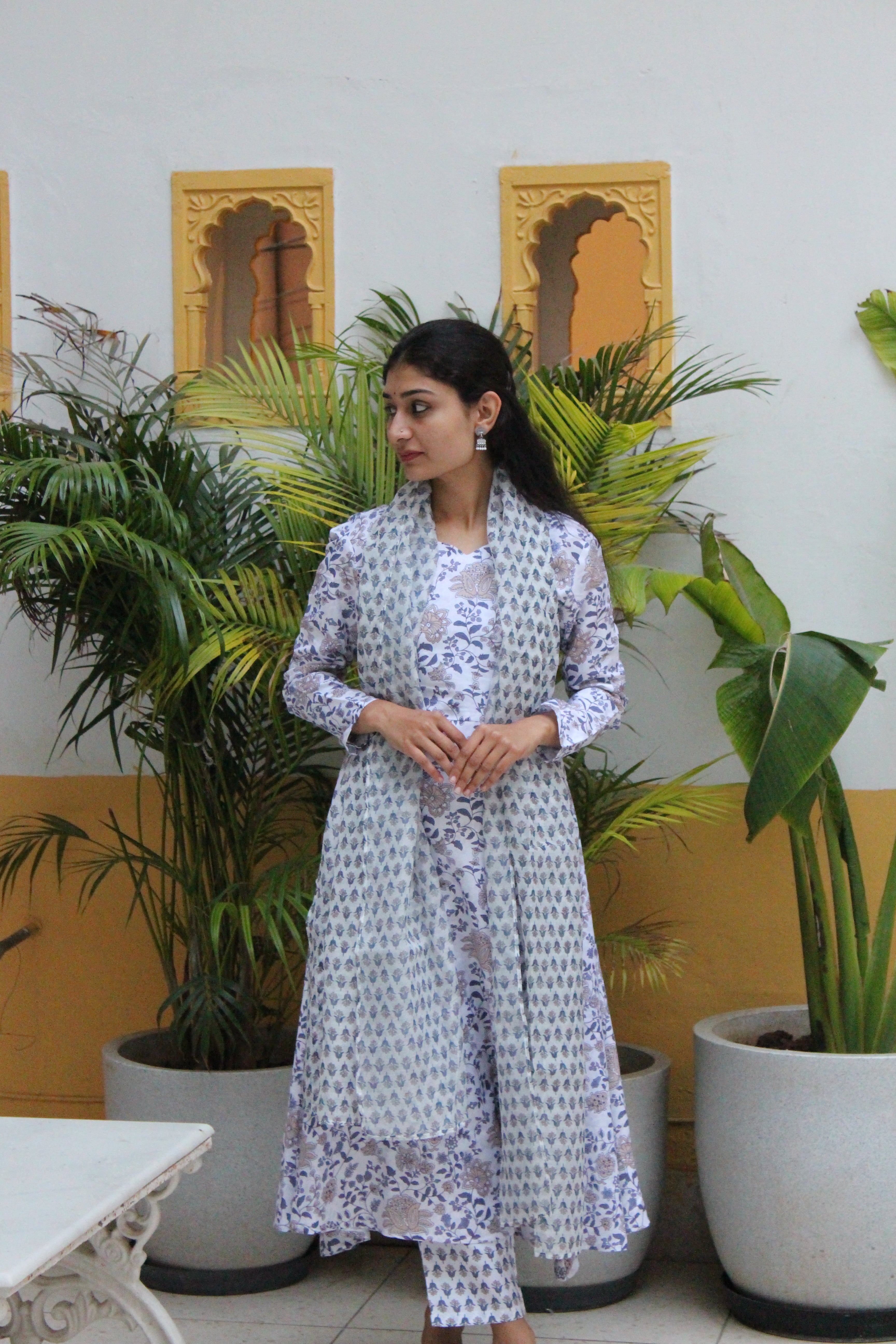 White & Blue Floral Printed Cotton Viscose Anarkali Kurta with Trousers & Coordinated Dupatta