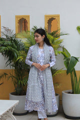 White & Blue Floral Printed Cotton Viscose Anarkali Kurta with Trousers & Coordinated Dupatta