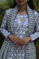 White & Blue Floral Printed Cotton Viscose Anarkali Kurta with Trousers & Coordinated Dupatta