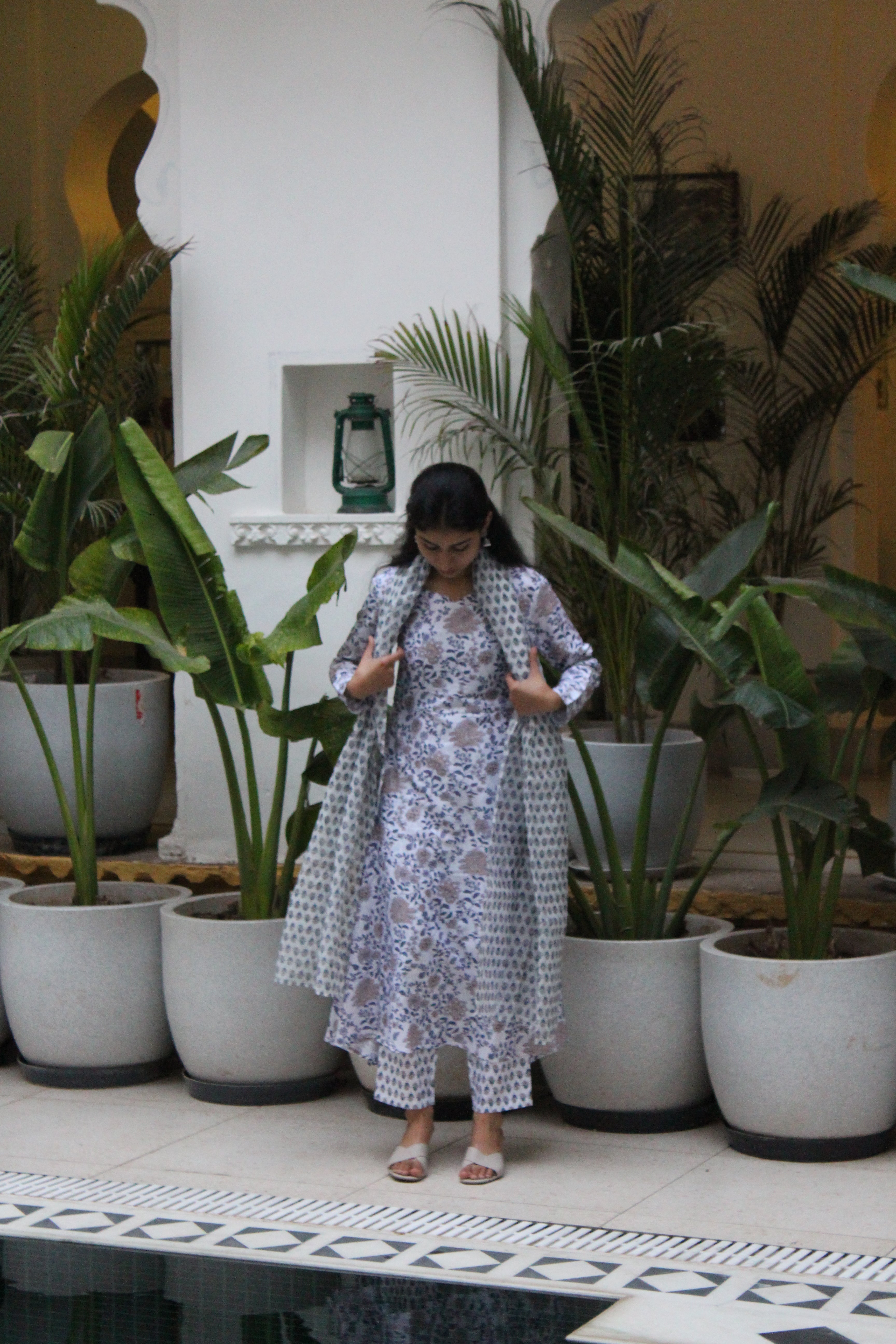 White & Blue Floral Printed Cotton Viscose Anarkali Kurta with Trousers & Coordinated Dupatta