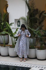 White & Blue Floral Printed Cotton Viscose Anarkali Kurta with Trousers & Coordinated Dupatta