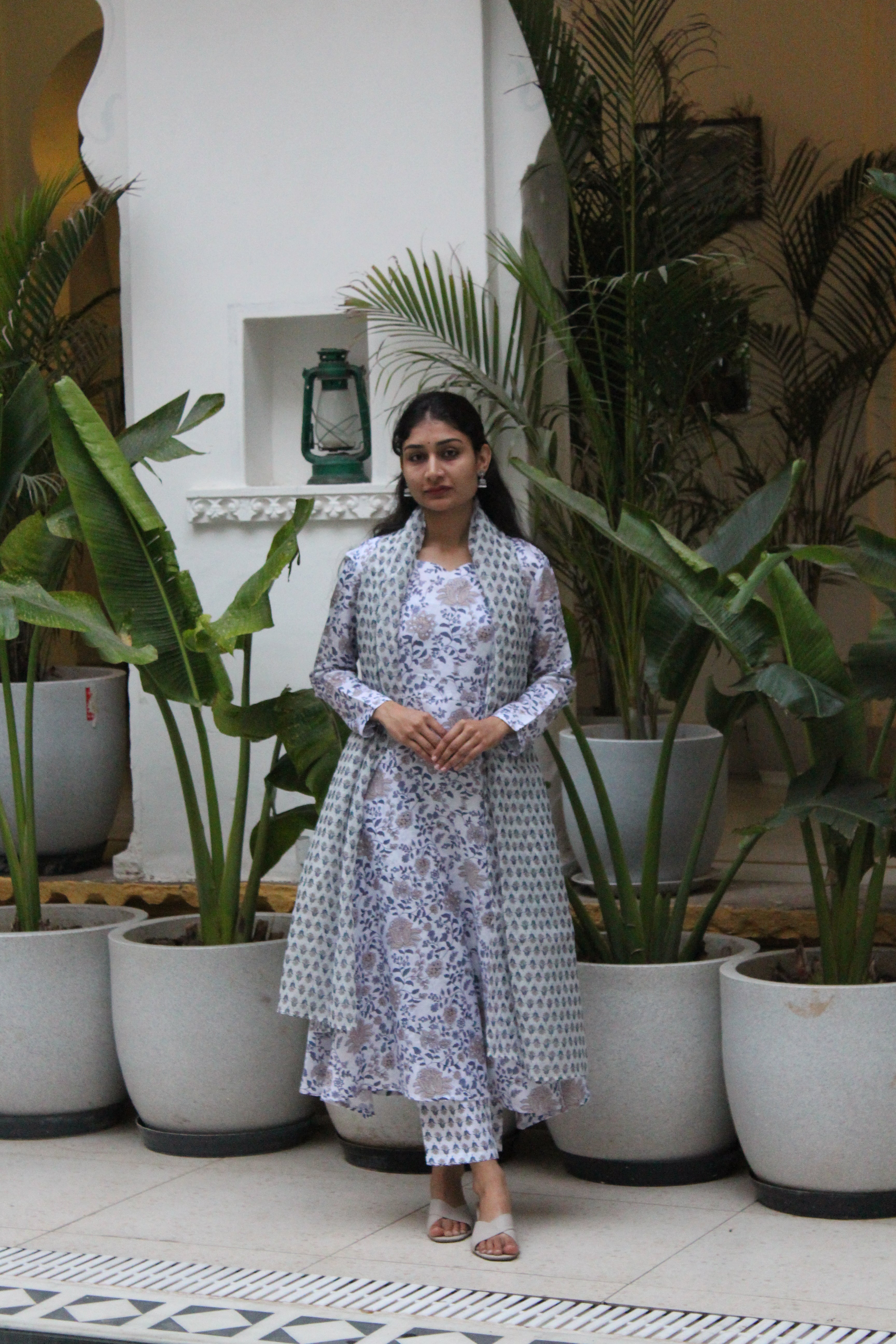 White & Blue Floral Printed Cotton Viscose Anarkali Kurta with Trousers & Coordinated Dupatta