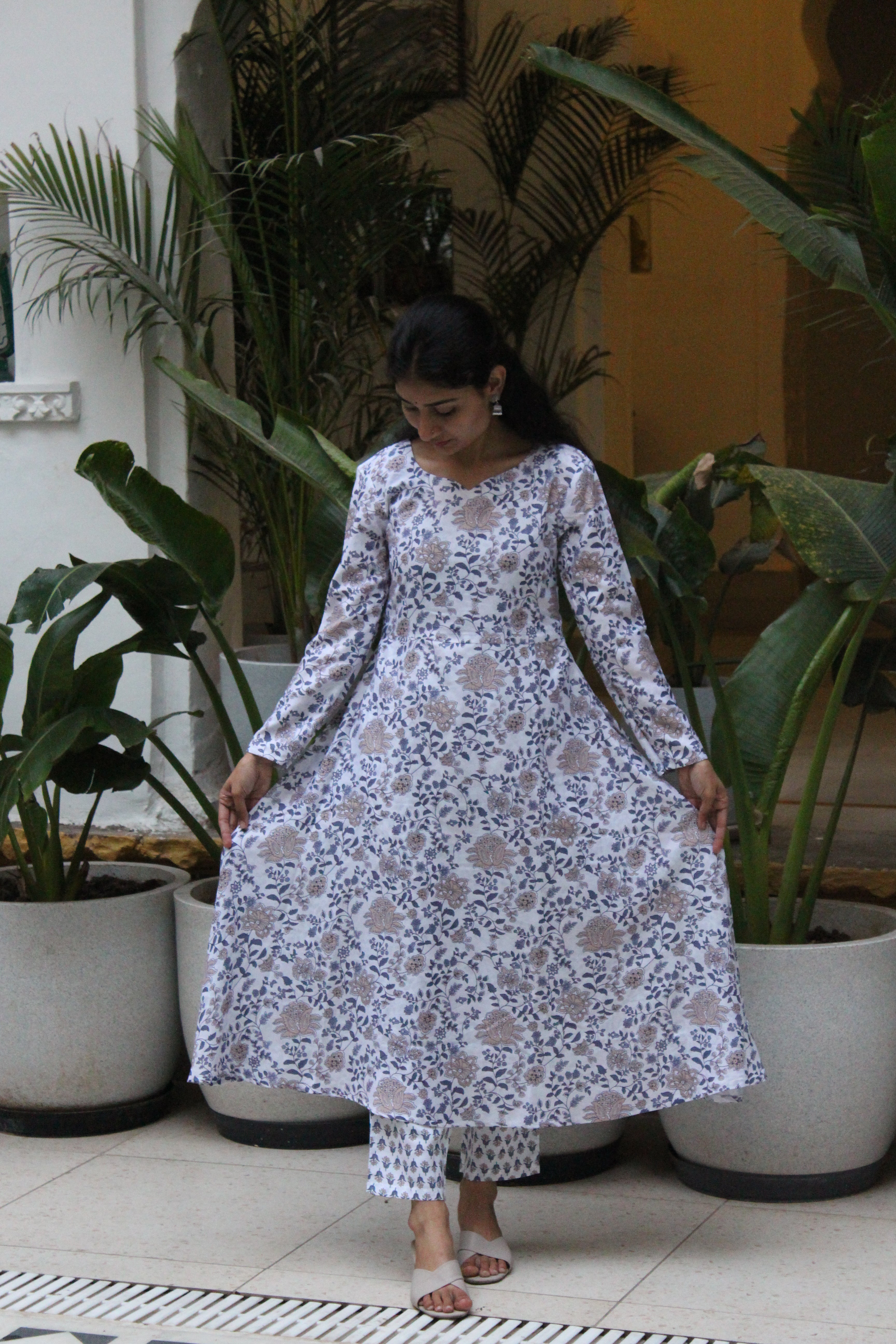 White & Blue Floral Printed Cotton Viscose Anarkali Kurta with Trousers & Coordinated Dupatta