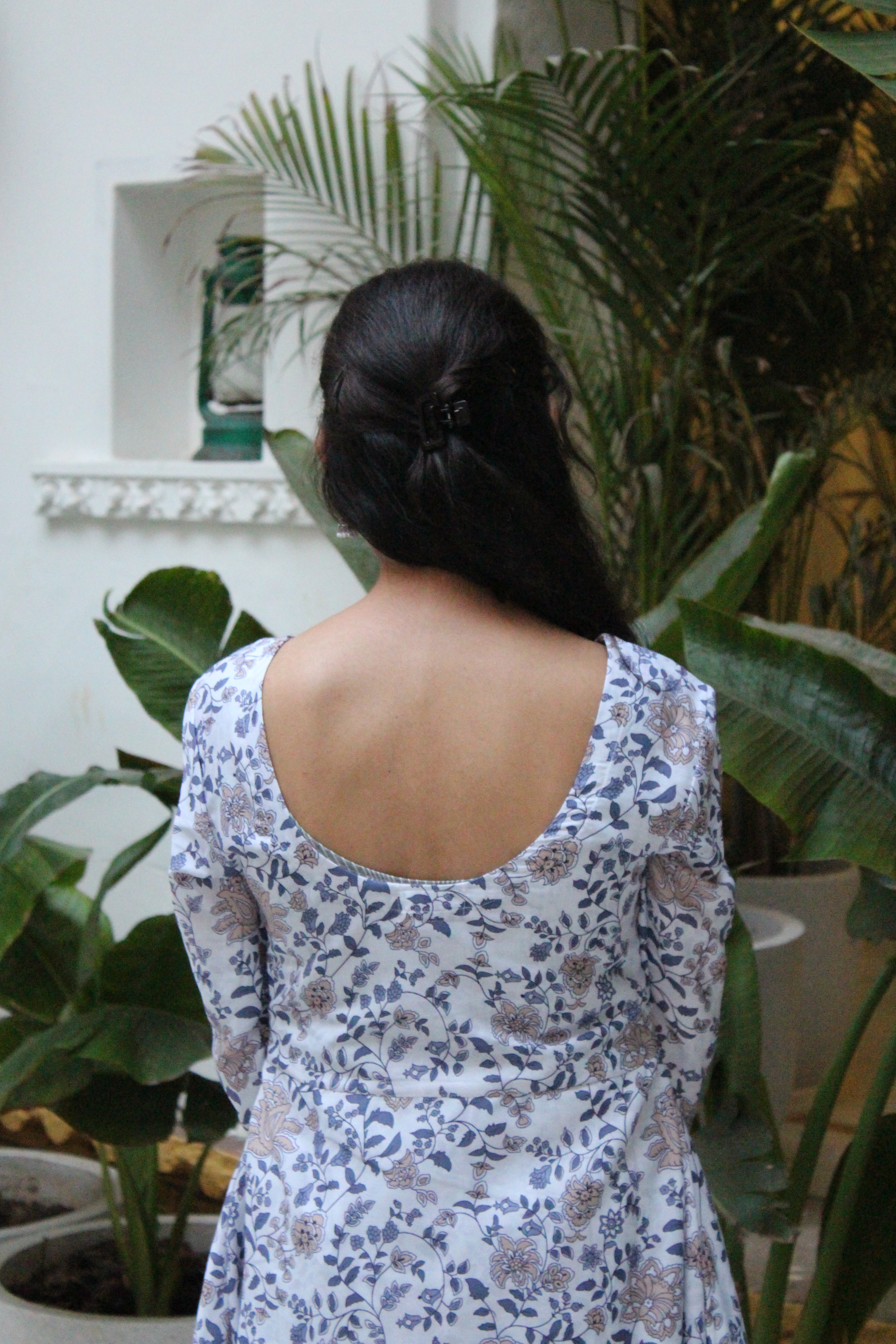 White & Blue Floral Printed Cotton Viscose Anarkali Kurta with Trousers & Coordinated Dupatta