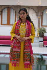 Women Cotton Yoke Design Embroidered Straight Round Collar, Three-Quarter Sleeves, Side Slit Kurta Set with Elasticated Trousers and Printed Bandej Dupatta Set