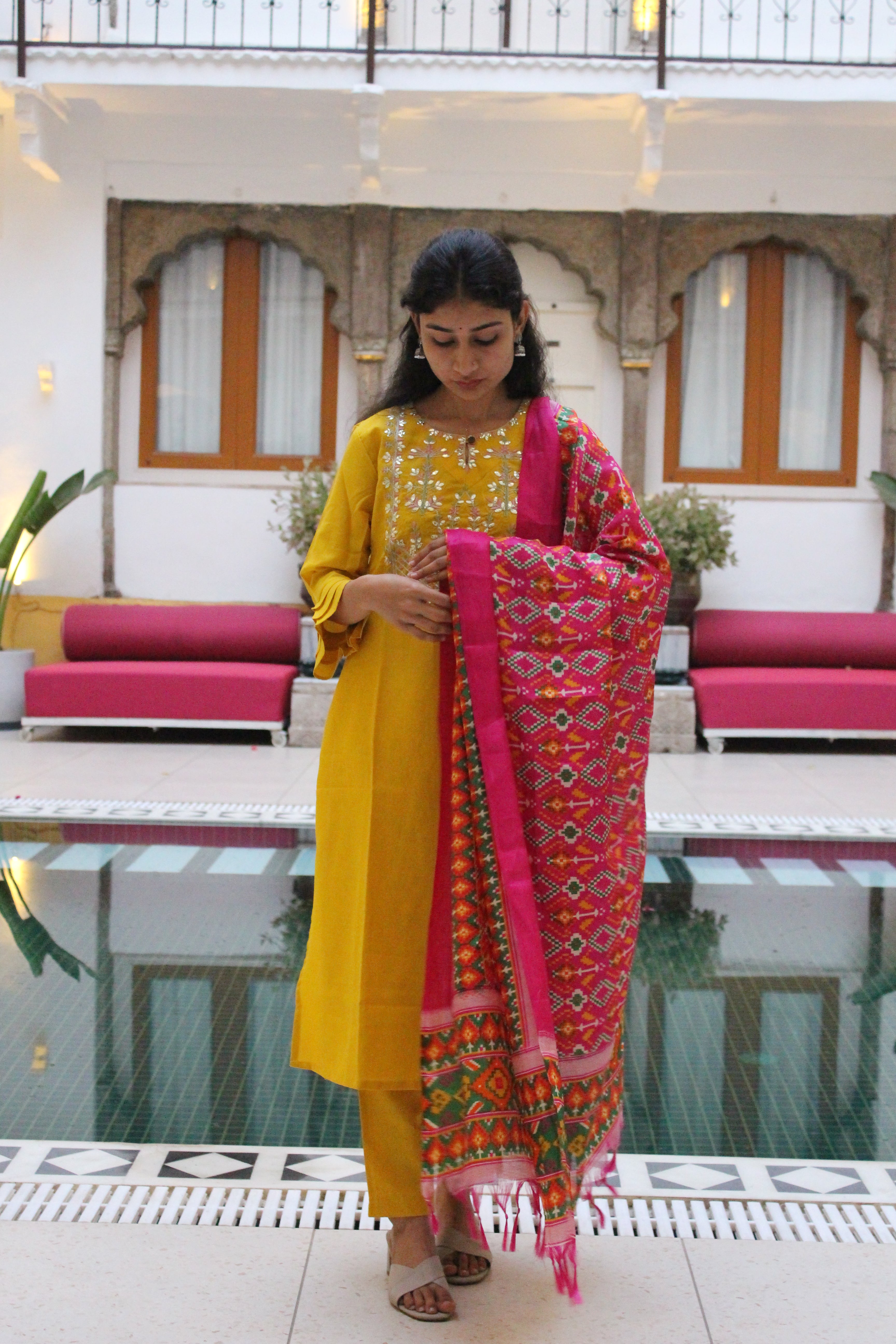 Women Cotton Yoke Design Embroidered Straight Round Collar, Three-Quarter Sleeves, Side Slit Kurta Set with Elasticated Trousers and Printed Bandej Dupatta Set