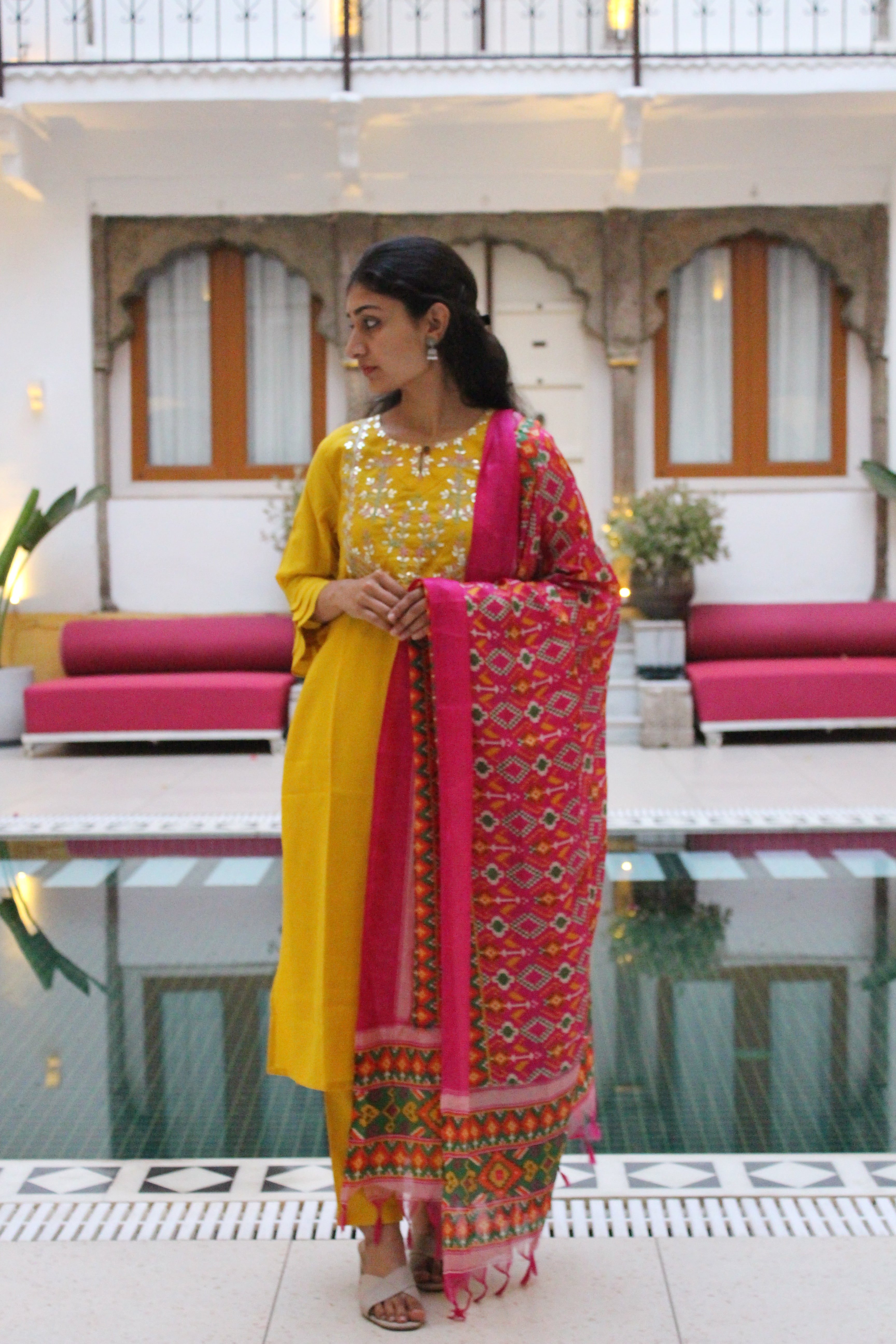 Women Cotton Yoke Design Embroidered Straight Round Collar, Three-Quarter Sleeves, Side Slit Kurta Set with Elasticated Trousers and Printed Bandej Dupatta Set