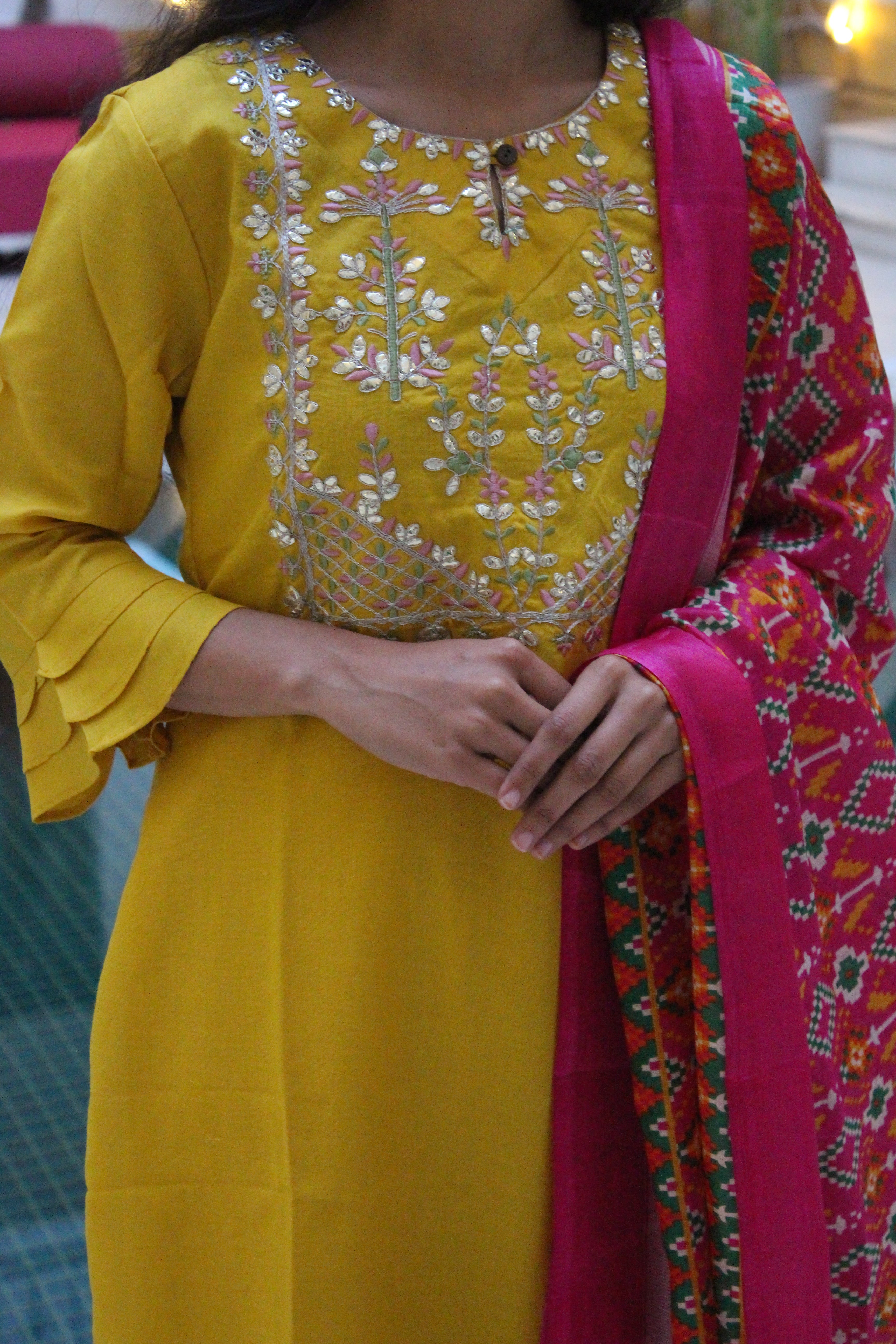 Women Cotton Yoke Design Embroidered Straight Round Collar, Three-Quarter Sleeves, Side Slit Kurta Set with Elasticated Trousers and Printed Bandej Dupatta Set